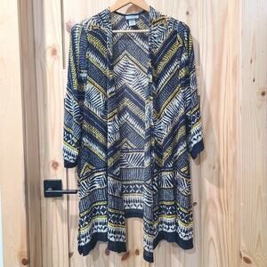 Catherines Open Front Summer Duster Cardigan Blue Yellow Chevron Geo Size 4X
